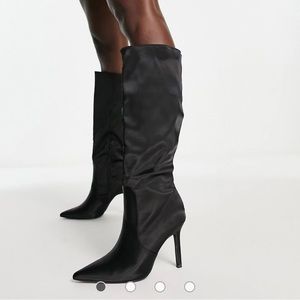 Black satin heeled boots